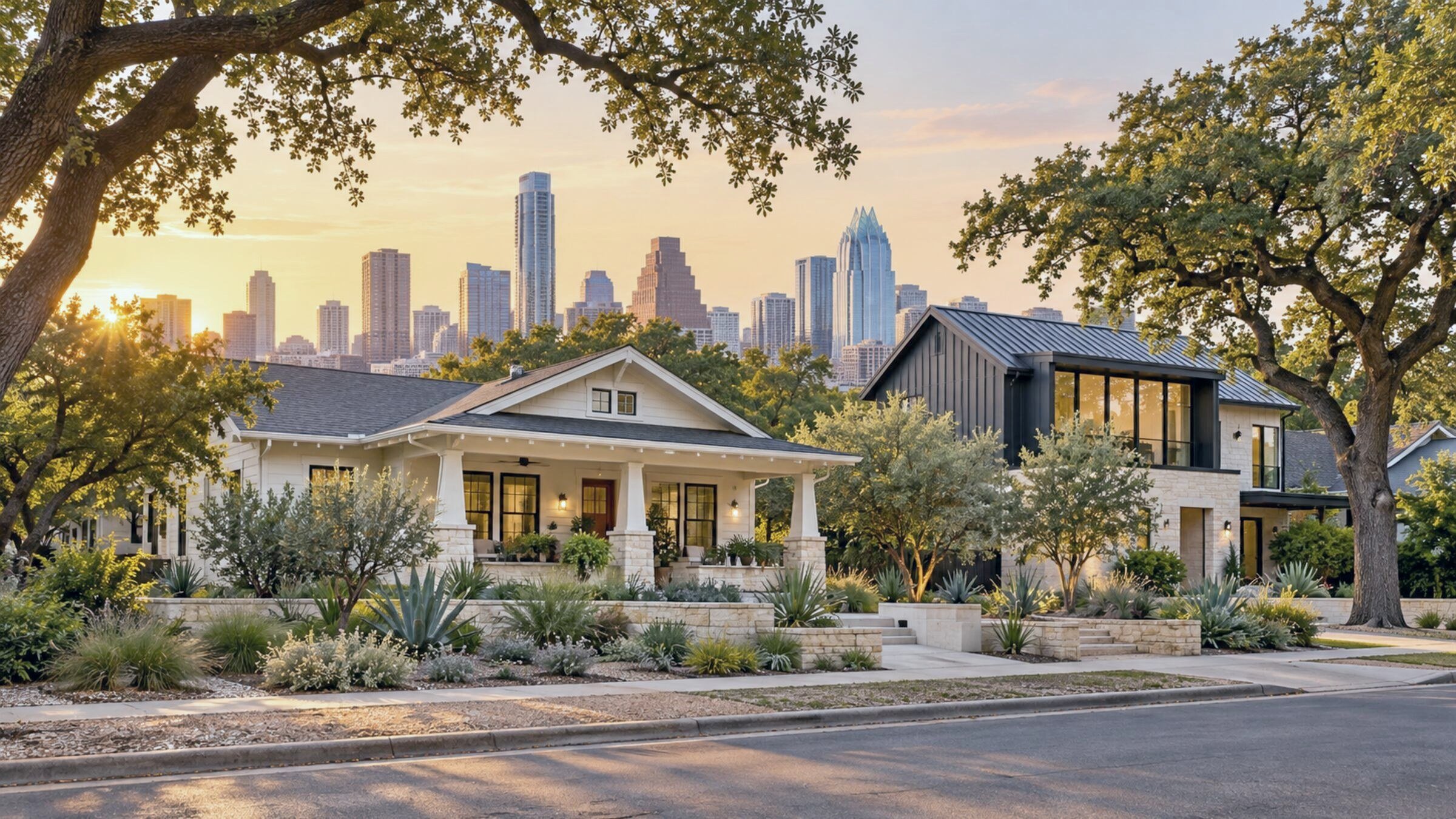 Austin skyline above a South Central neighborhood