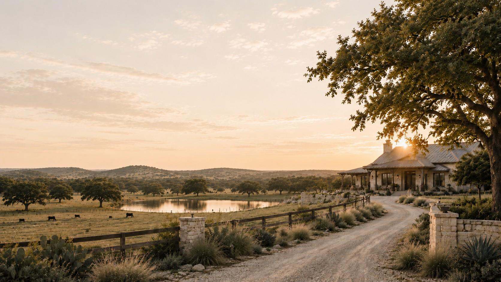 A Hill Country ranch estate overlooking a pond at sunset, with cattle grazing in the pasture